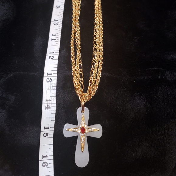 JBK Designer Signed Stone Cross Pendant on Long Ch - Picture 6 of 9